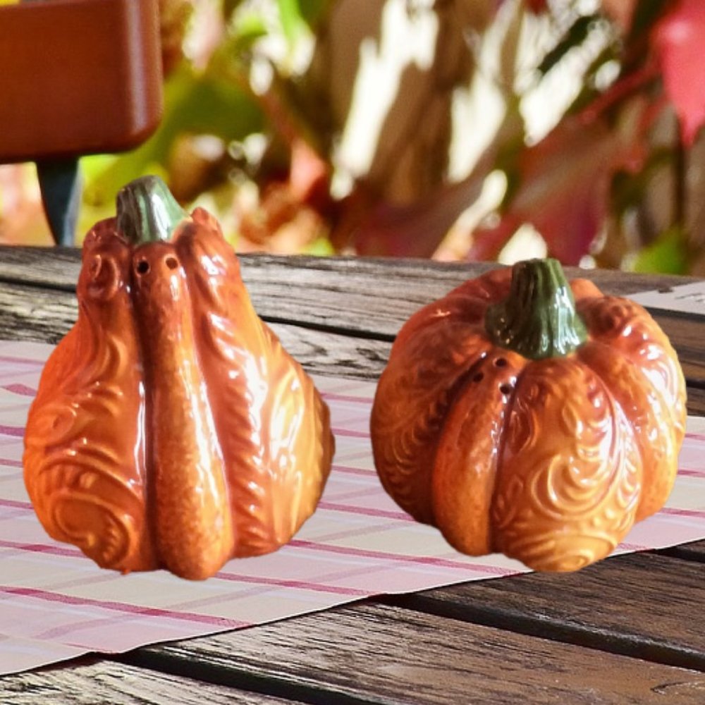 Pier 1 Orange Pumpkin Gourd Ceramic Salt and Pepper Shakers